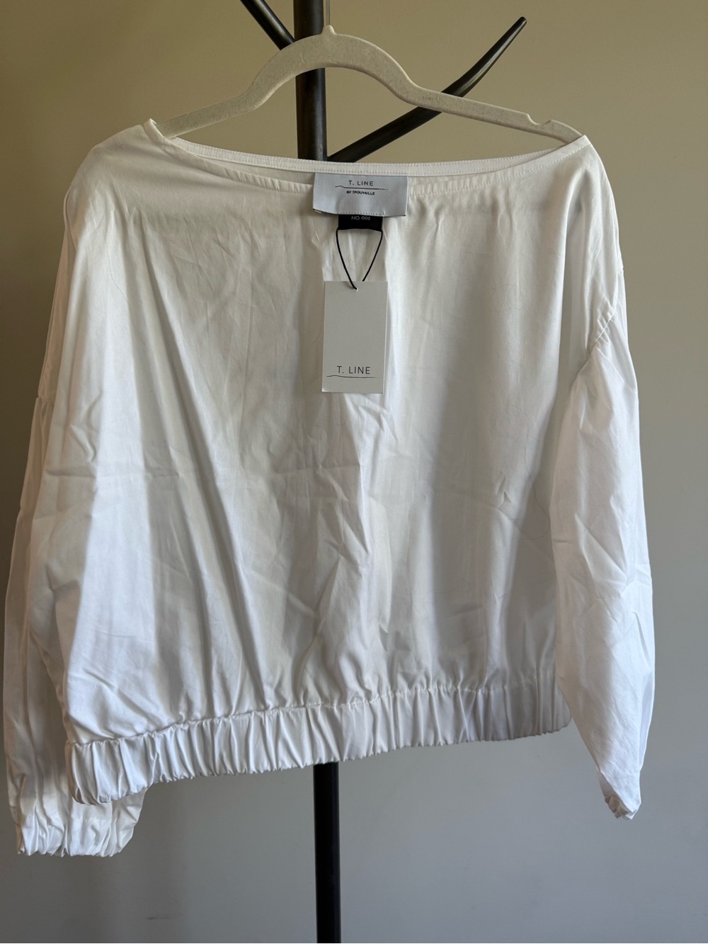 White Boatneck Long-Sleeve Elastic-Hem Blouse